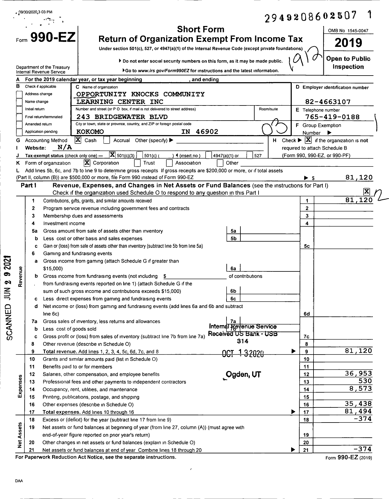 Image of first page of 2019 Form 990EZ for Opportunity Knocks Community Learning Center (OKCLC)