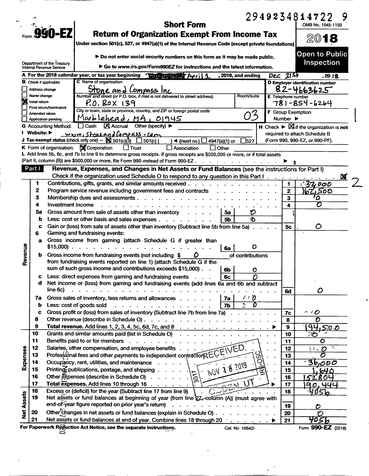 Image of first page of 2018 Form 990EZ for Stone and Compass