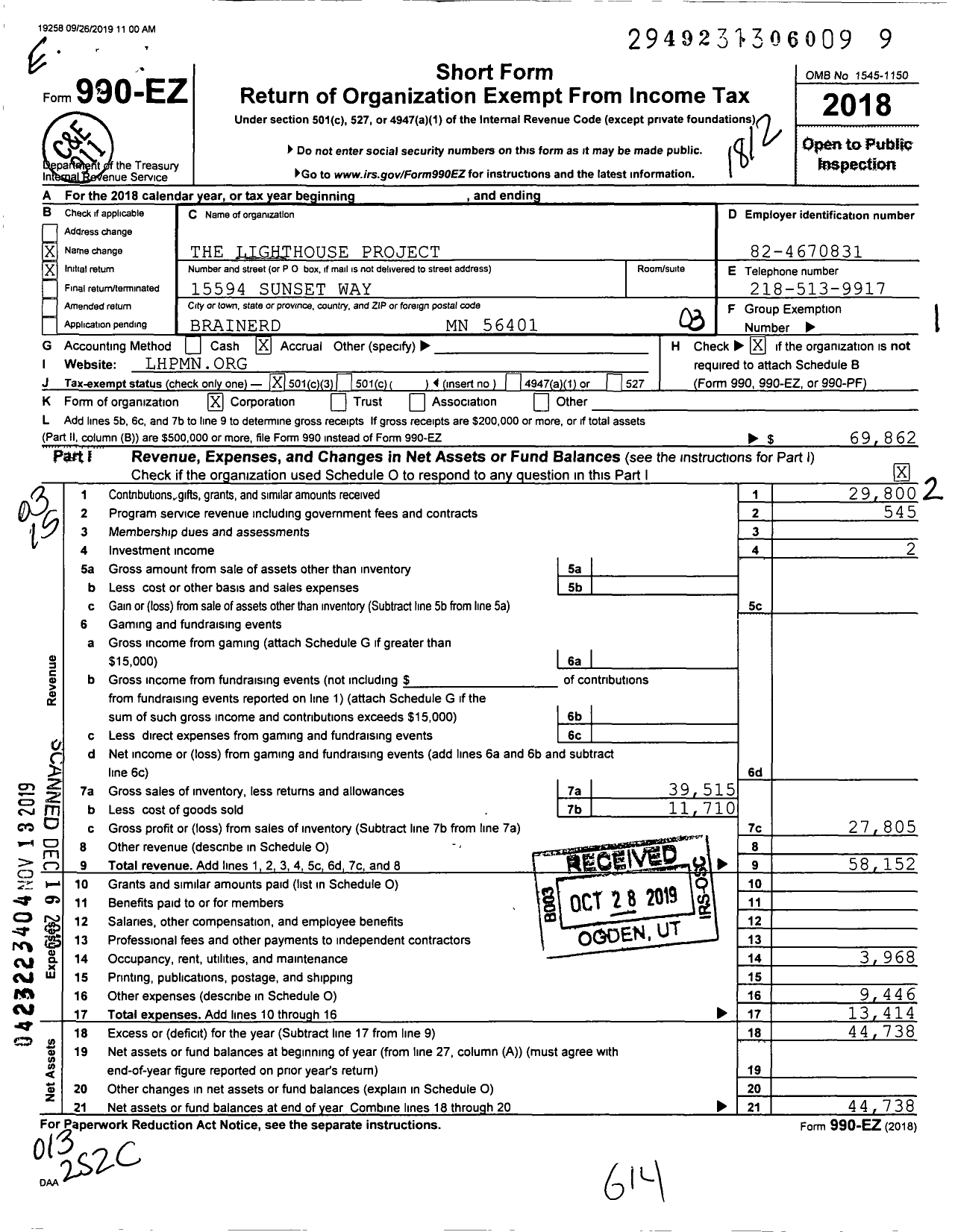 Image of first page of 2018 Form 990EZ for Lighthouse Project