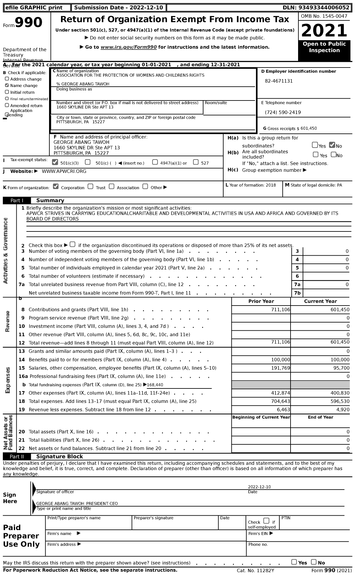 Image of first page of 2021 Form 990 for Association for the Protection of Womens and Childrens Rights