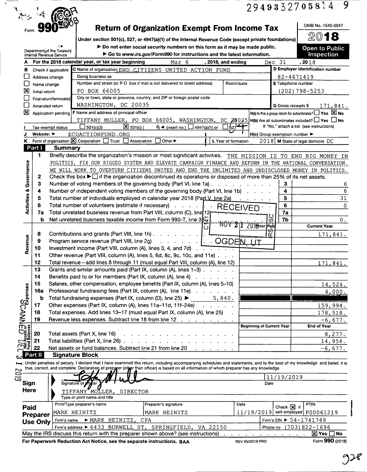 Image of first page of 2018 Form 990O for End Citizens United Let America Vote Action Fund