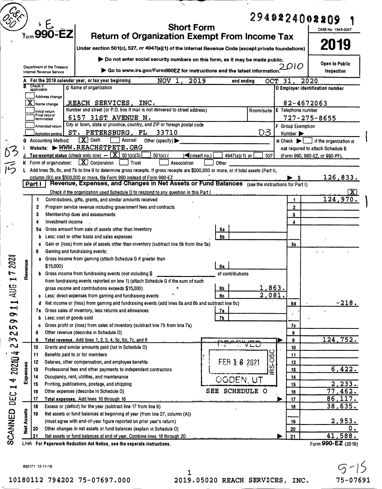 Image of first page of 2019 Form 990EZ for Reach Services / Reach St Pete