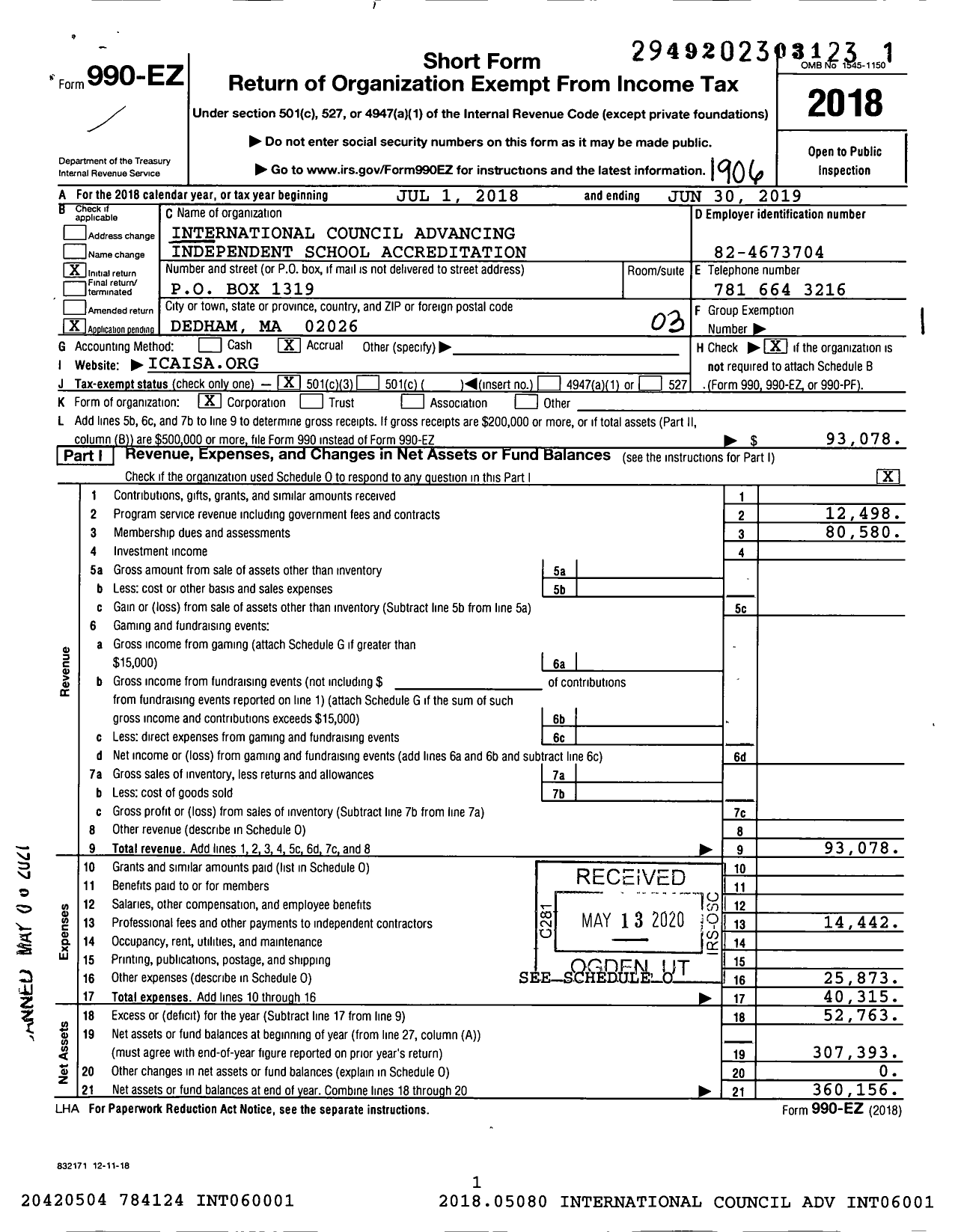 Image of first page of 2018 Form 990EZ for International Council Advancing Independent School Accreditation