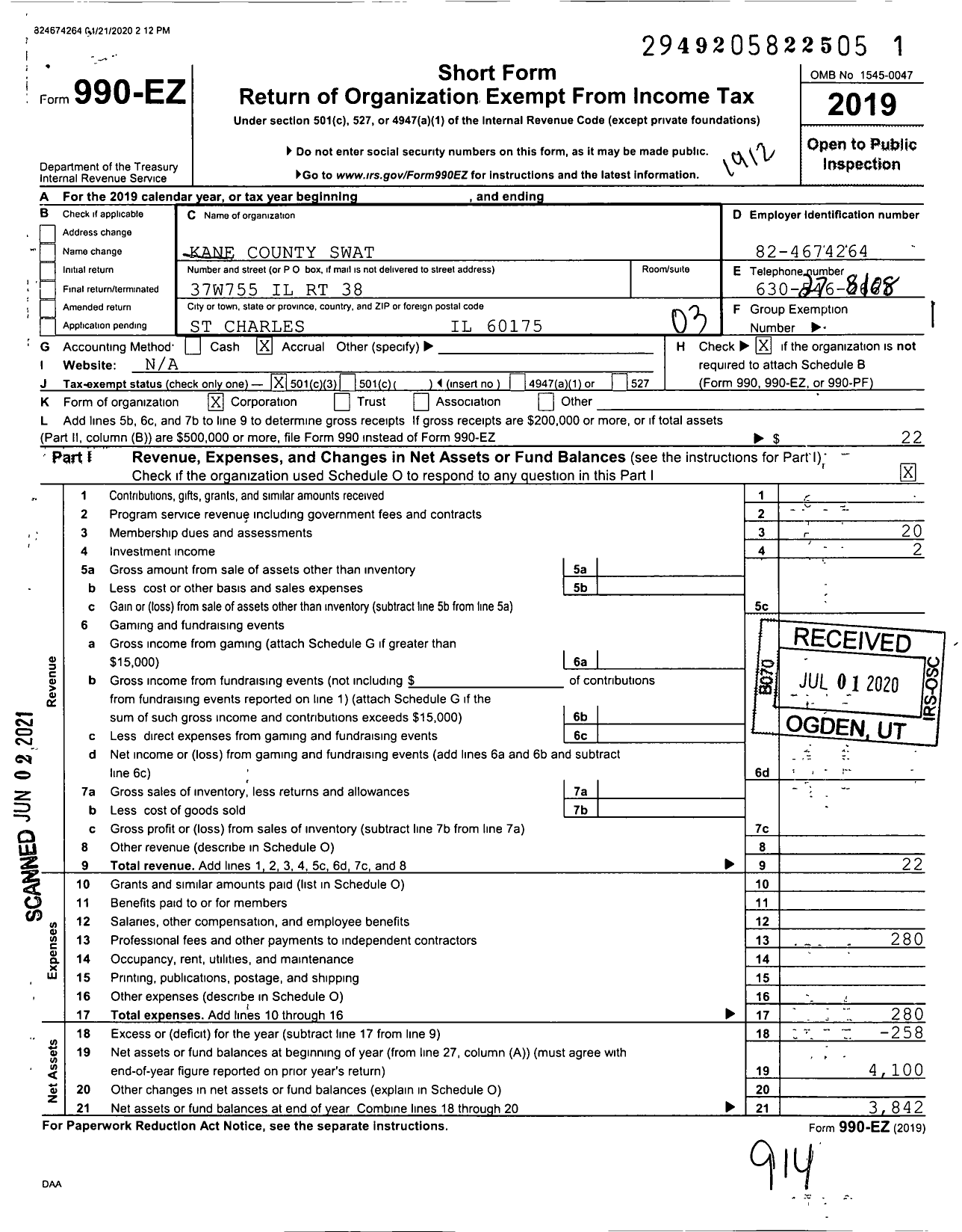 Image of first page of 2019 Form 990EZ for Kane Count Swat