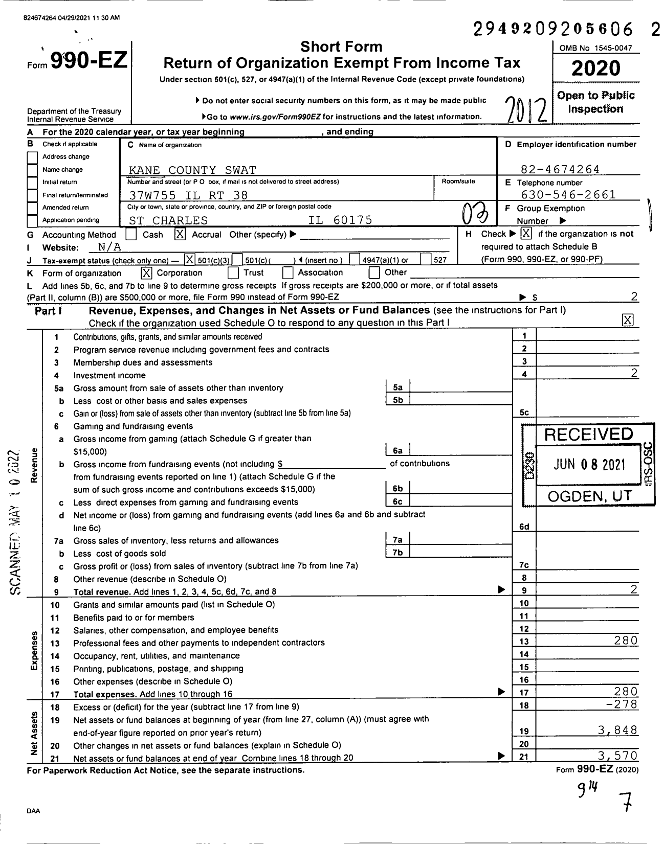 Image of first page of 2020 Form 990EZ for Kane Count Swat