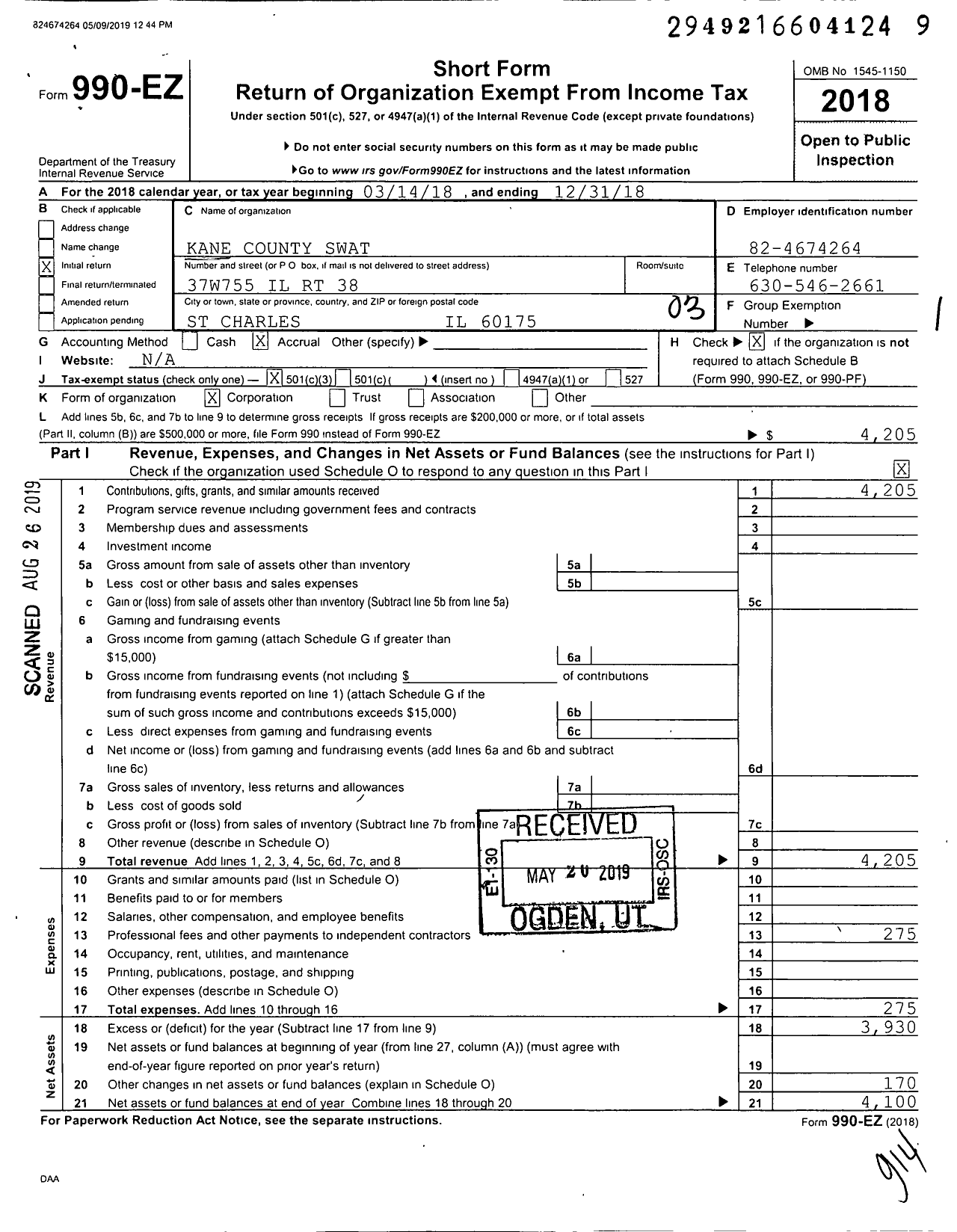 Image of first page of 2018 Form 990EZ for Kane Count Swat