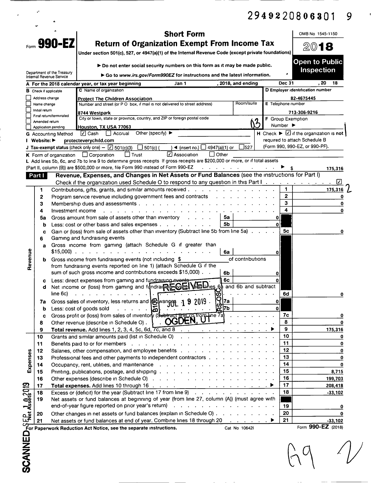 Image of first page of 2018 Form 990EZ for Protect the Children