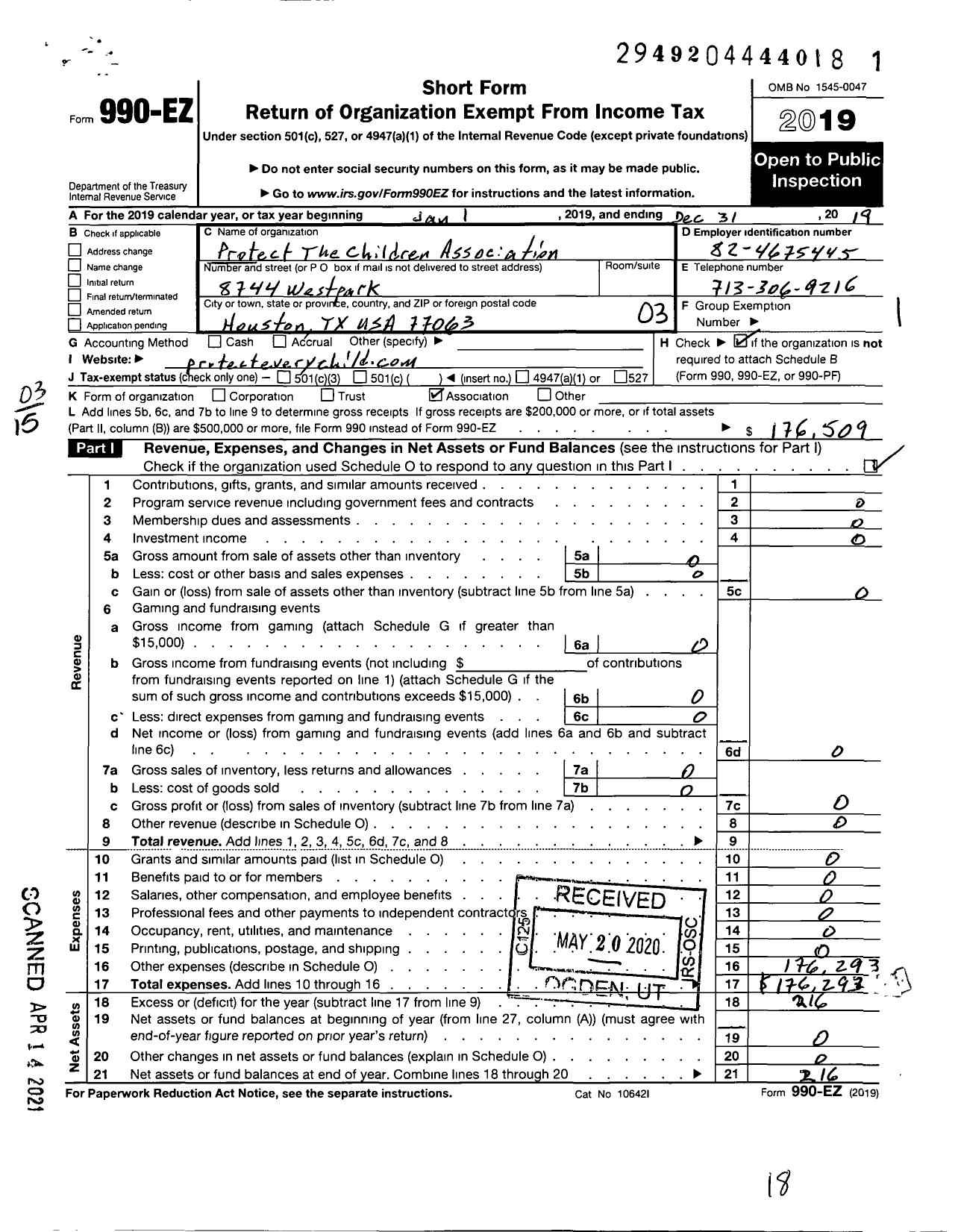 Image of first page of 2019 Form 990EZ for Protect the Children