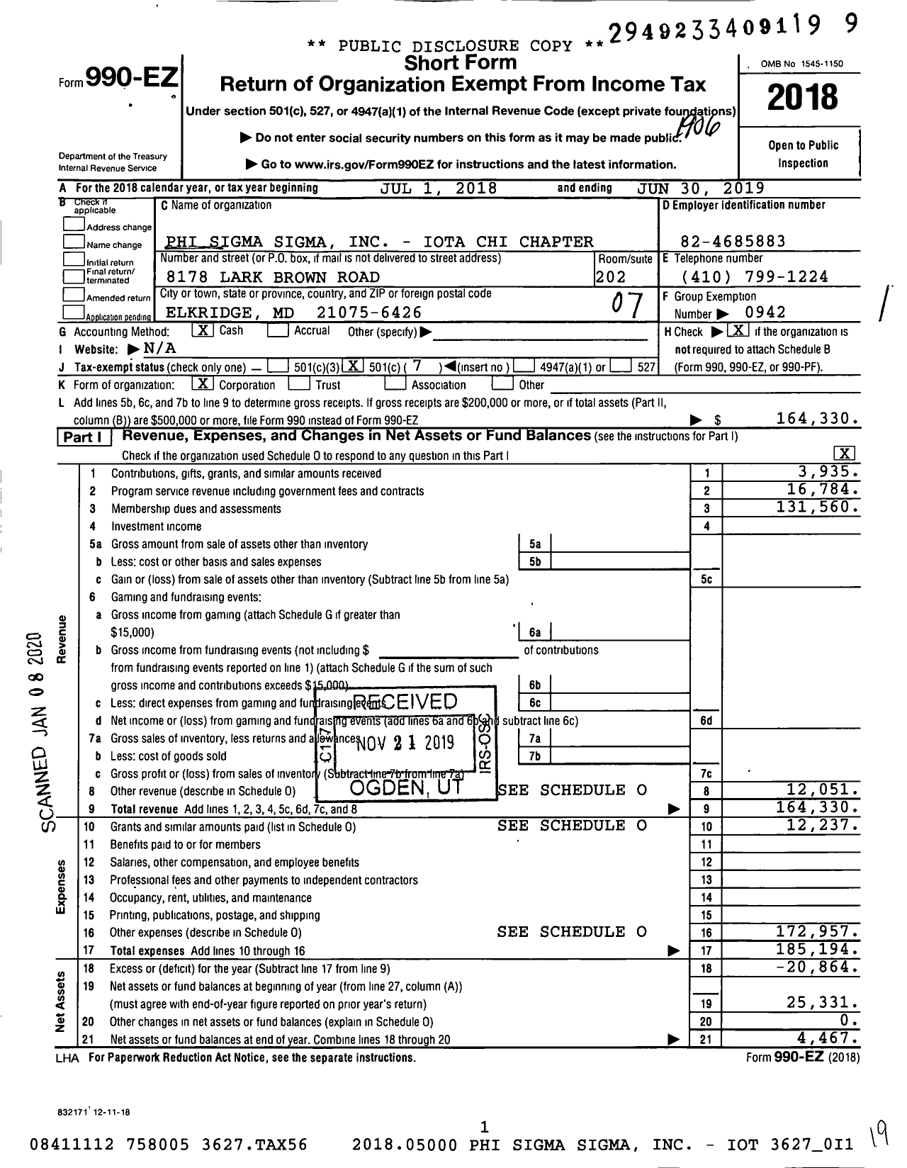 Image of first page of 2018 Form 990EO for Phi Sigma Sigma - Iota Chi Chapter