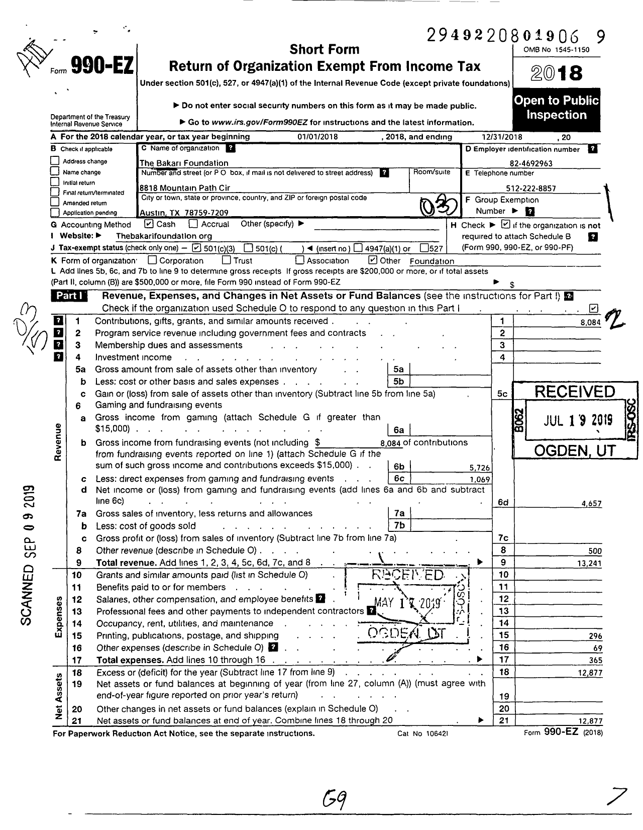 Image of first page of 2018 Form 990EZ for The Bakari Foundation