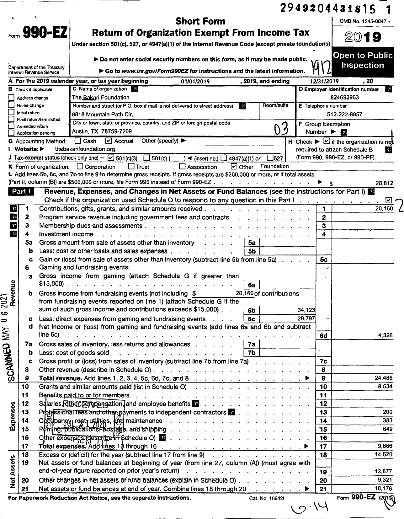 Image of first page of 2019 Form 990EZ for The Bakari Foundation