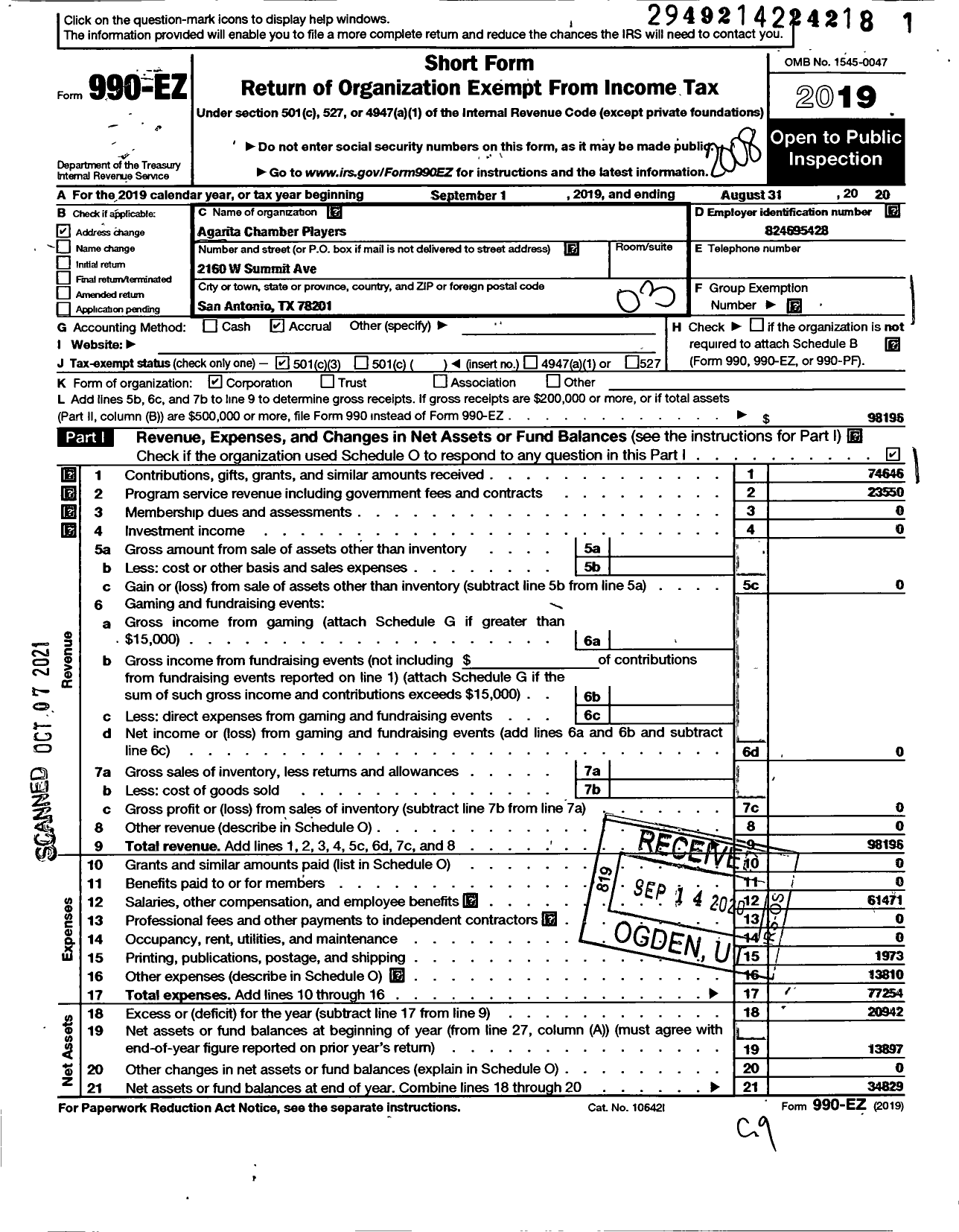 Image of first page of 2019 Form 990EZ for Agarita