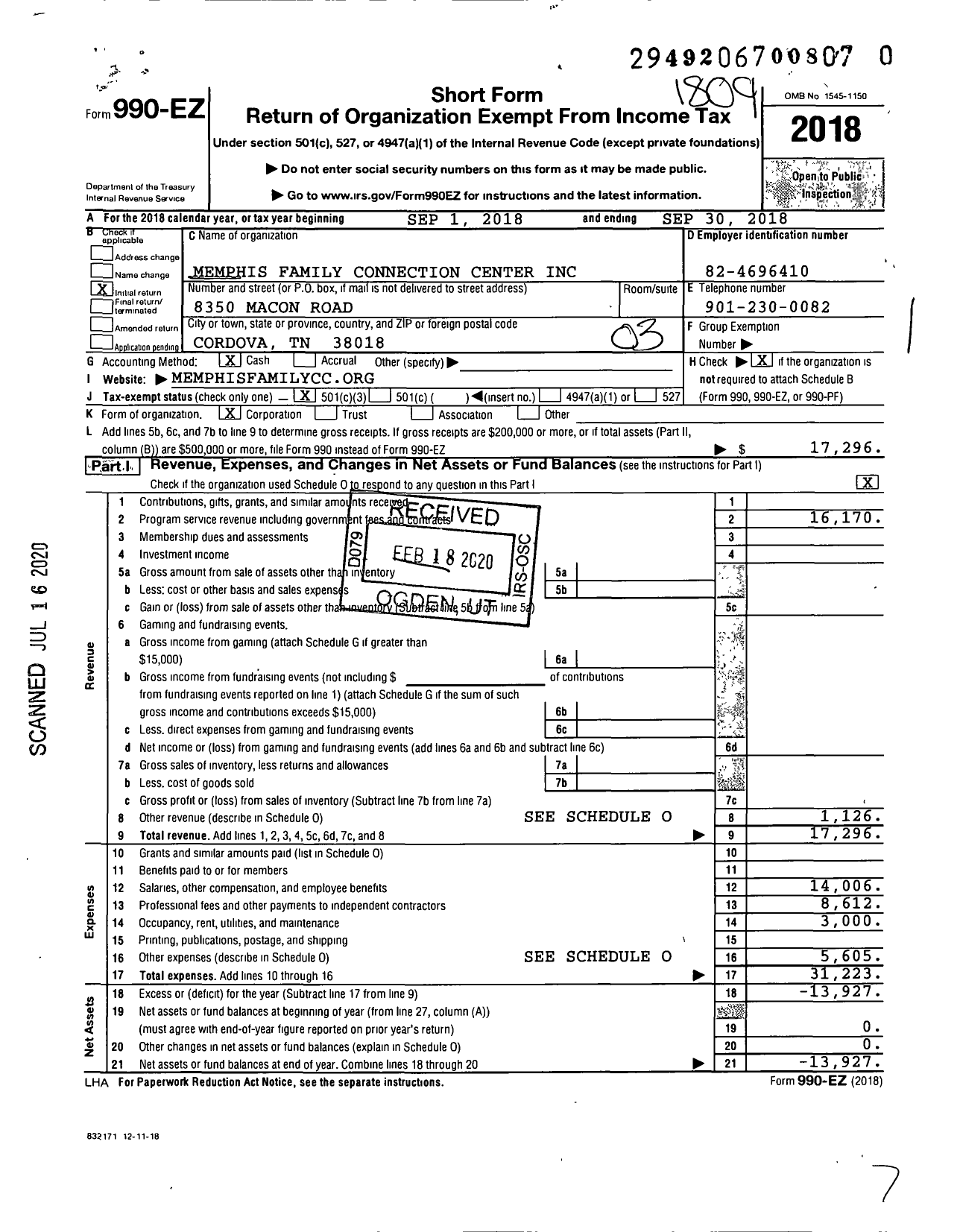Image of first page of 2017 Form 990EZ for Memphis Family Connection Center