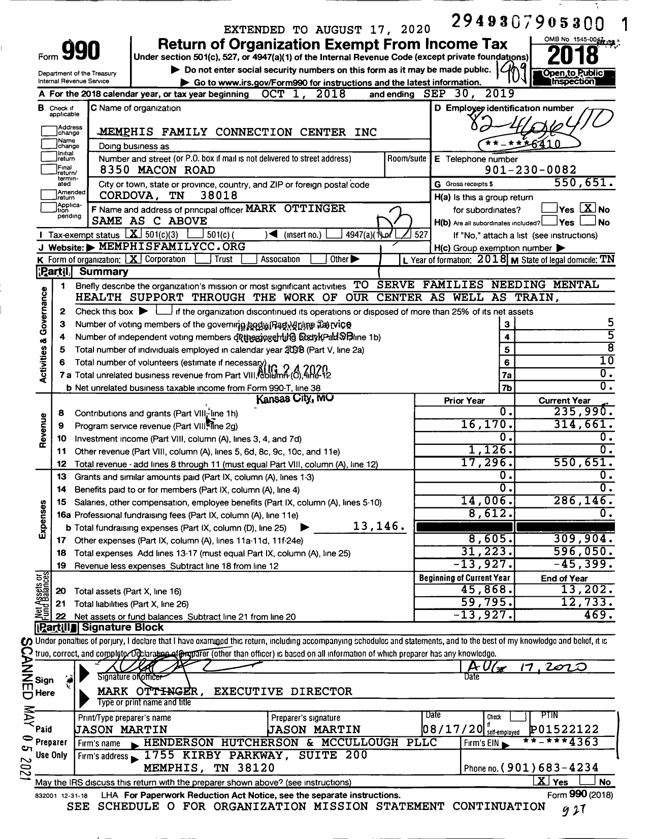 Image of first page of 2018 Form 990 for Memphis Family Connection Center