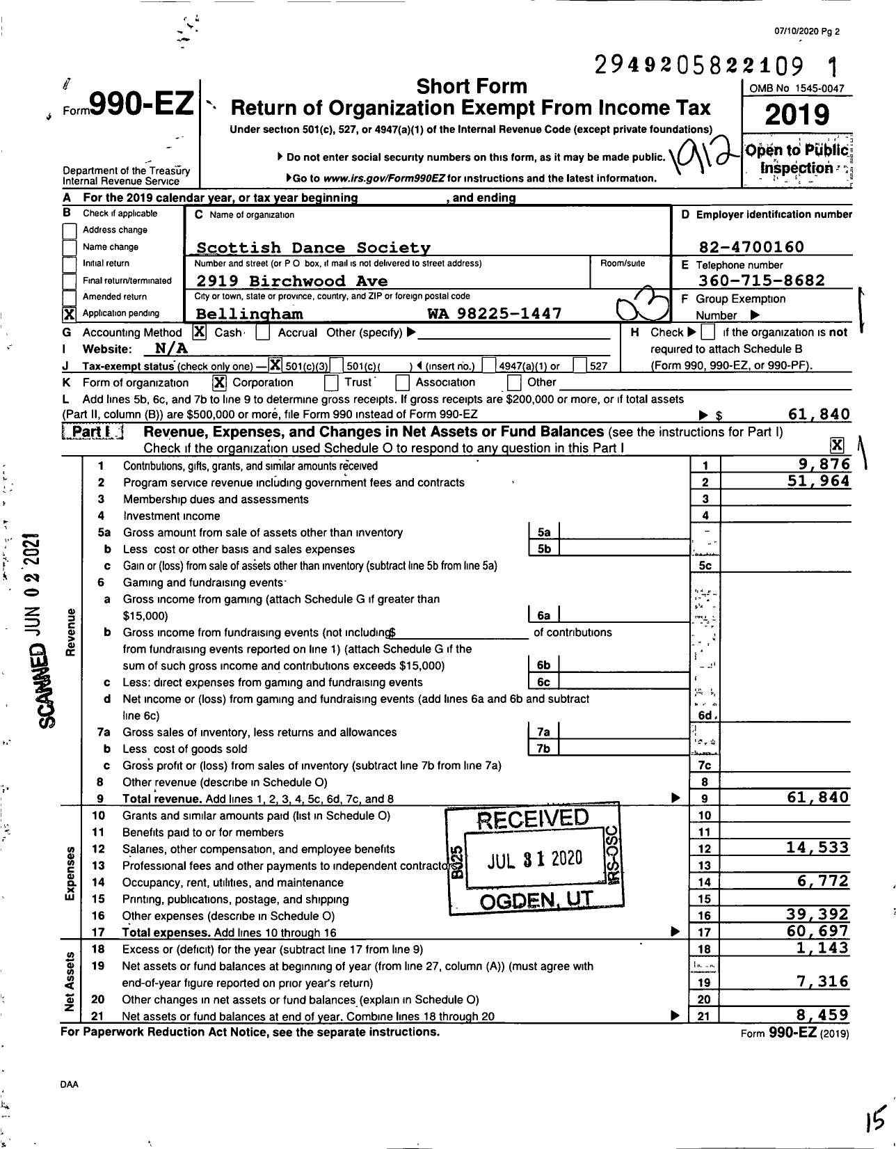 Image of first page of 2019 Form 990EZ for Scottish Dance Society