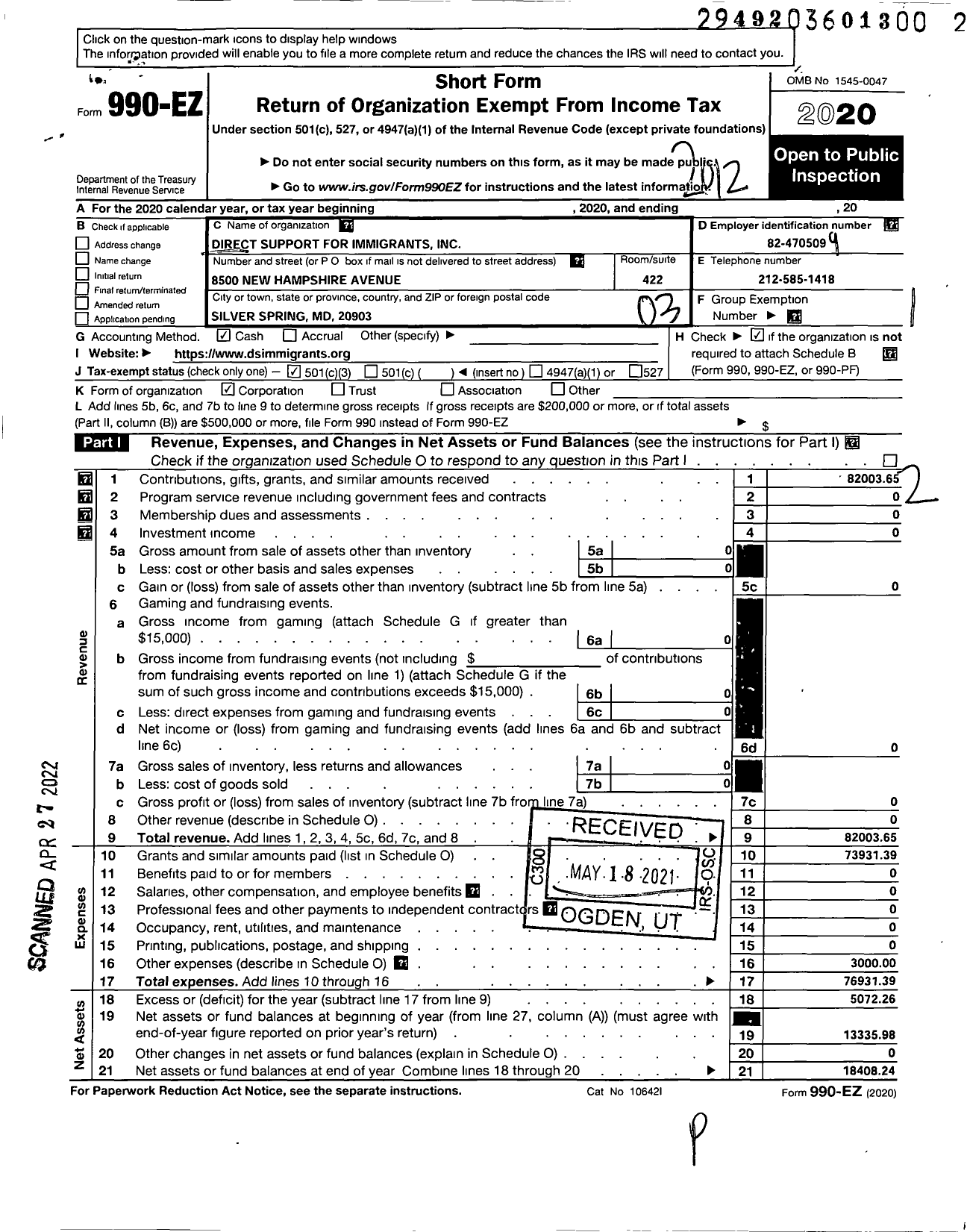 Image of first page of 2020 Form 990EZ for Direct Support for Immigrants