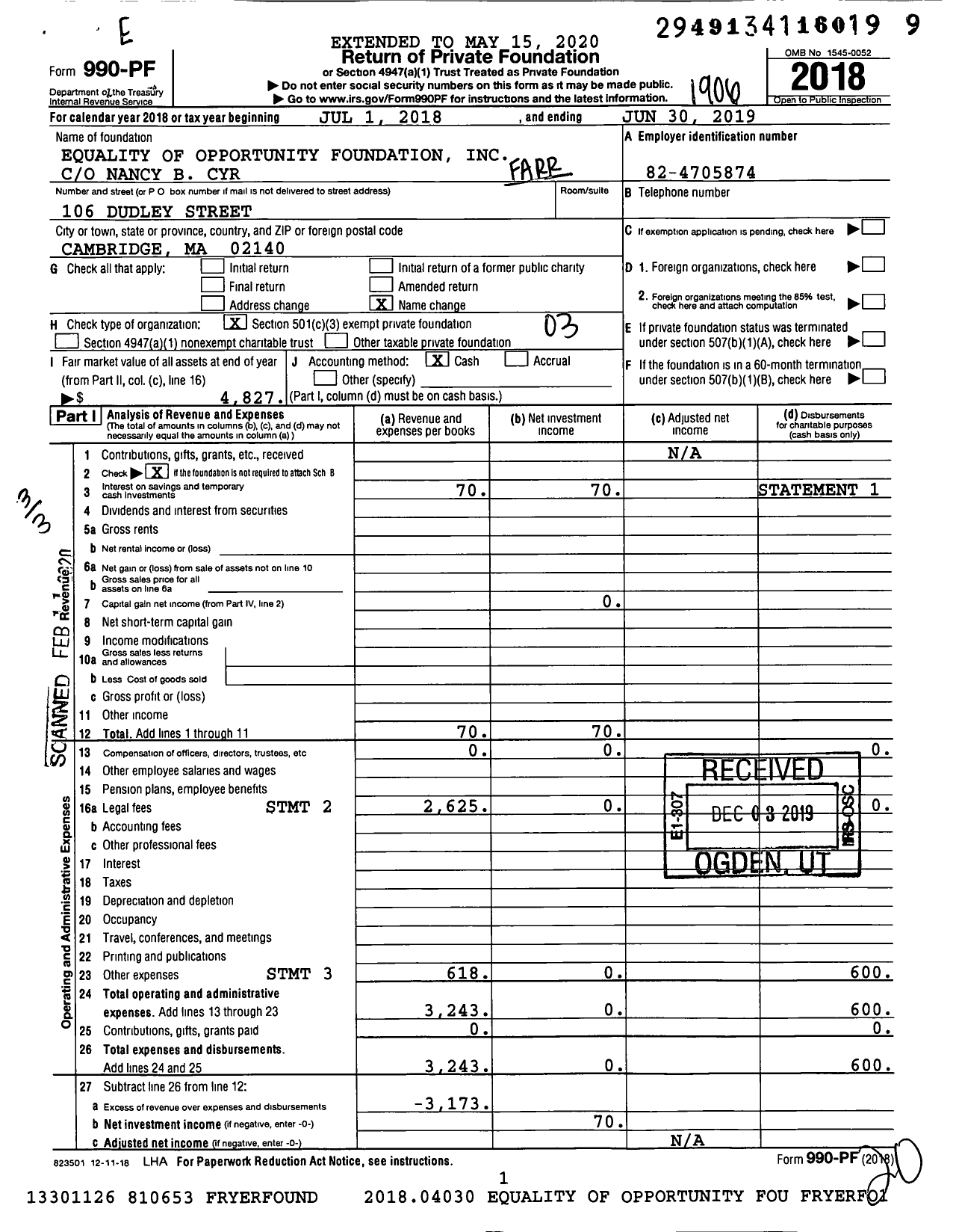 Image of first page of 2018 Form 990PF for Equality of Opportunity Foundation