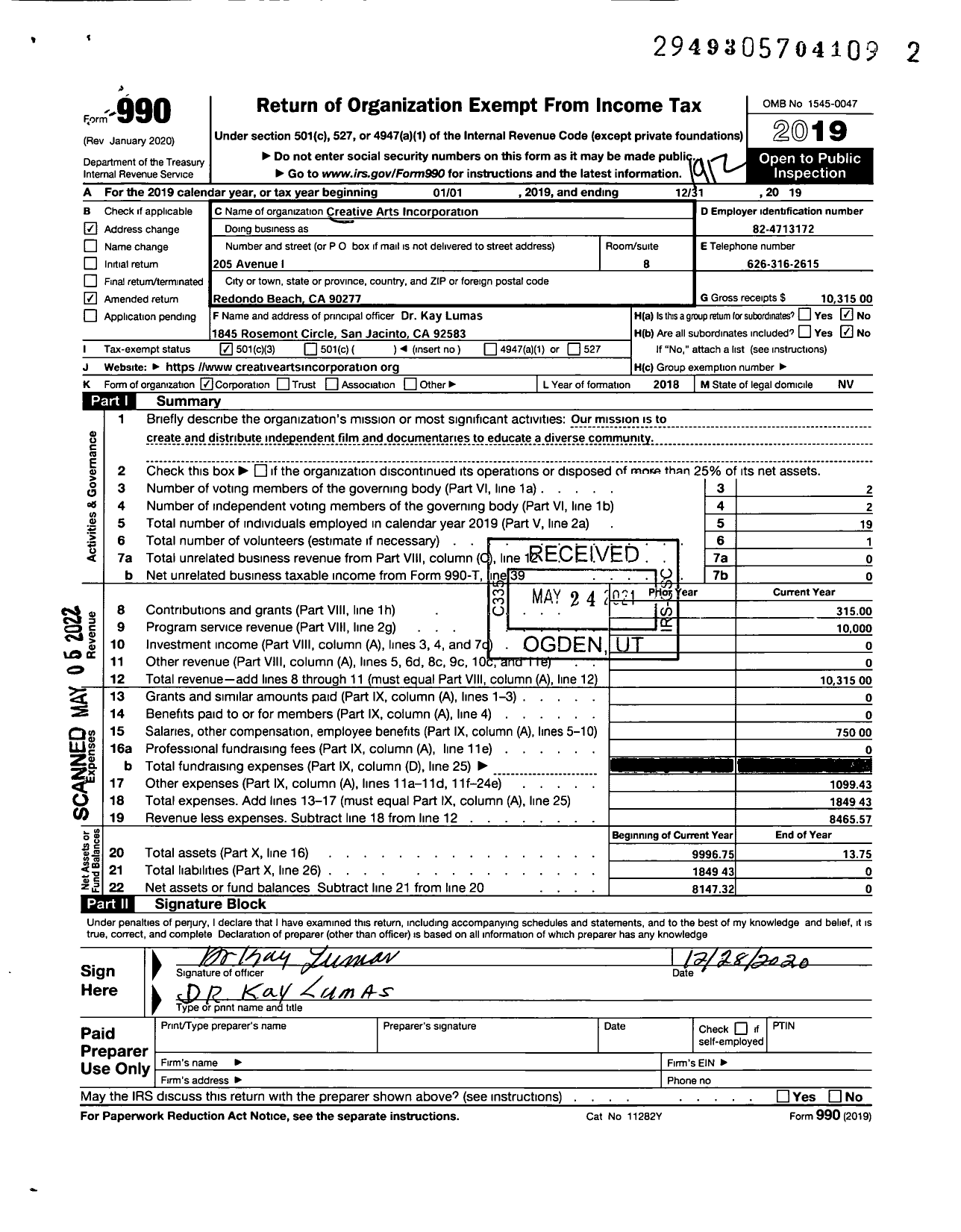 Image of first page of 2019 Form 990 for Creative Arts Incorporation