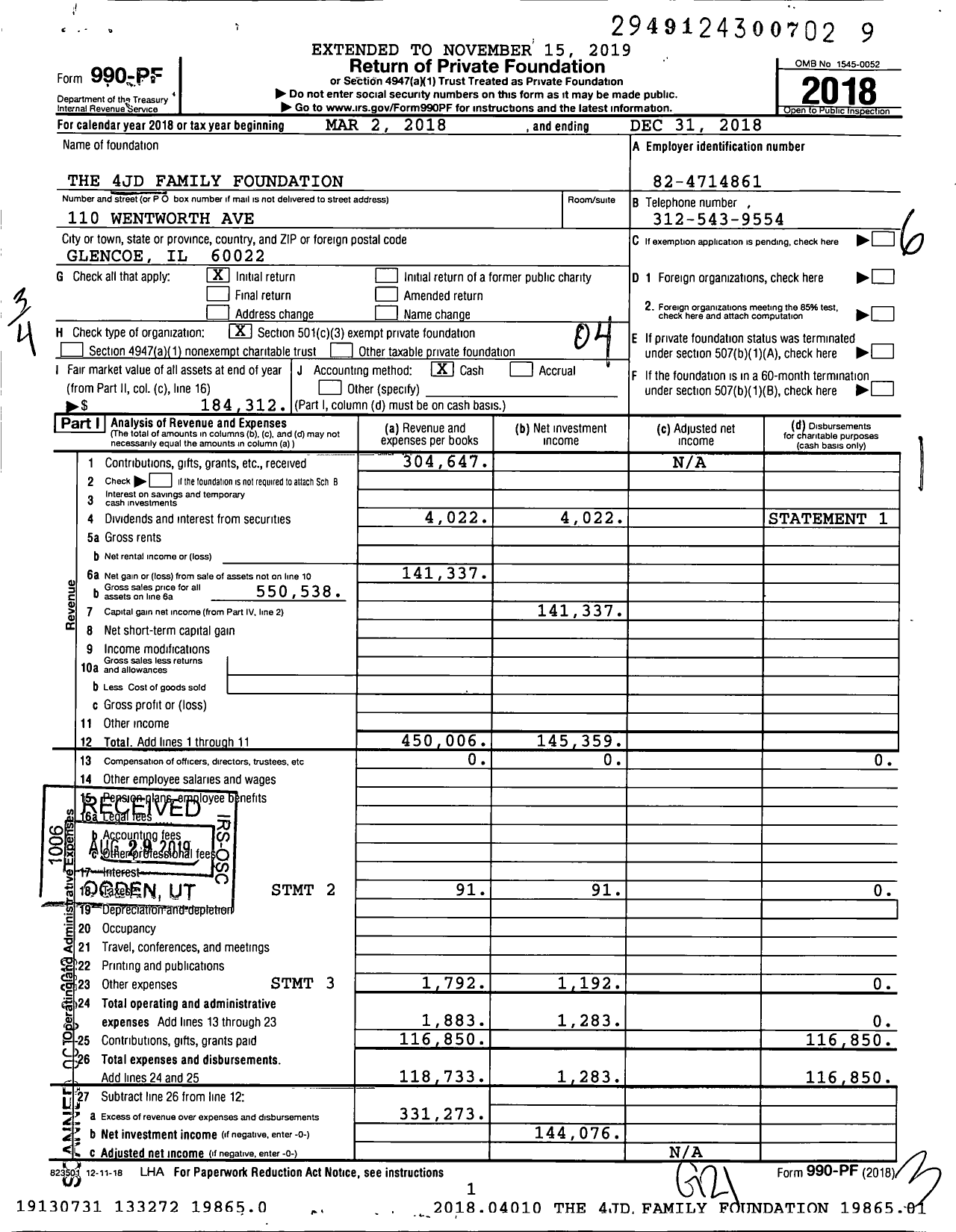 Image of first page of 2018 Form 990PF for The 4jd Family Foundation