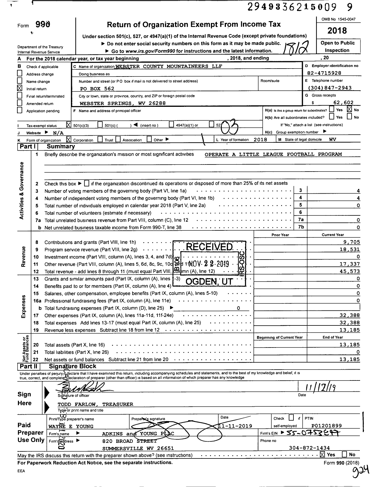 Image of first page of 2018 Form 990 for Webster County Mountaineers LLF