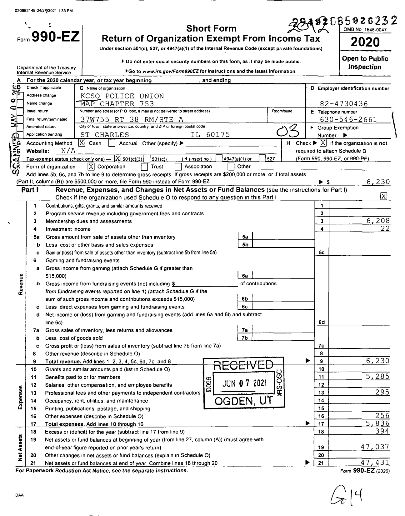 Image of first page of 2020 Form 990EZ for Kane County Poice Union