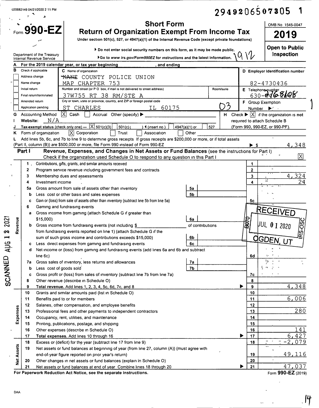 Image of first page of 2019 Form 990EZ for Kane County Poice Union