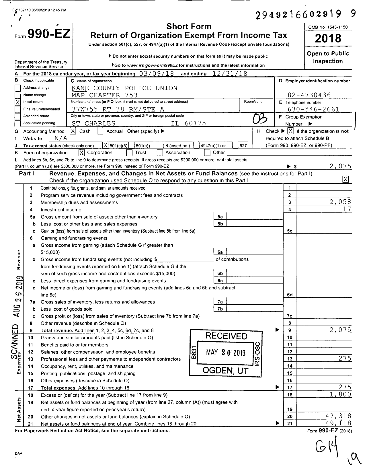 Image of first page of 2018 Form 990EZ for Kane County Poice Union