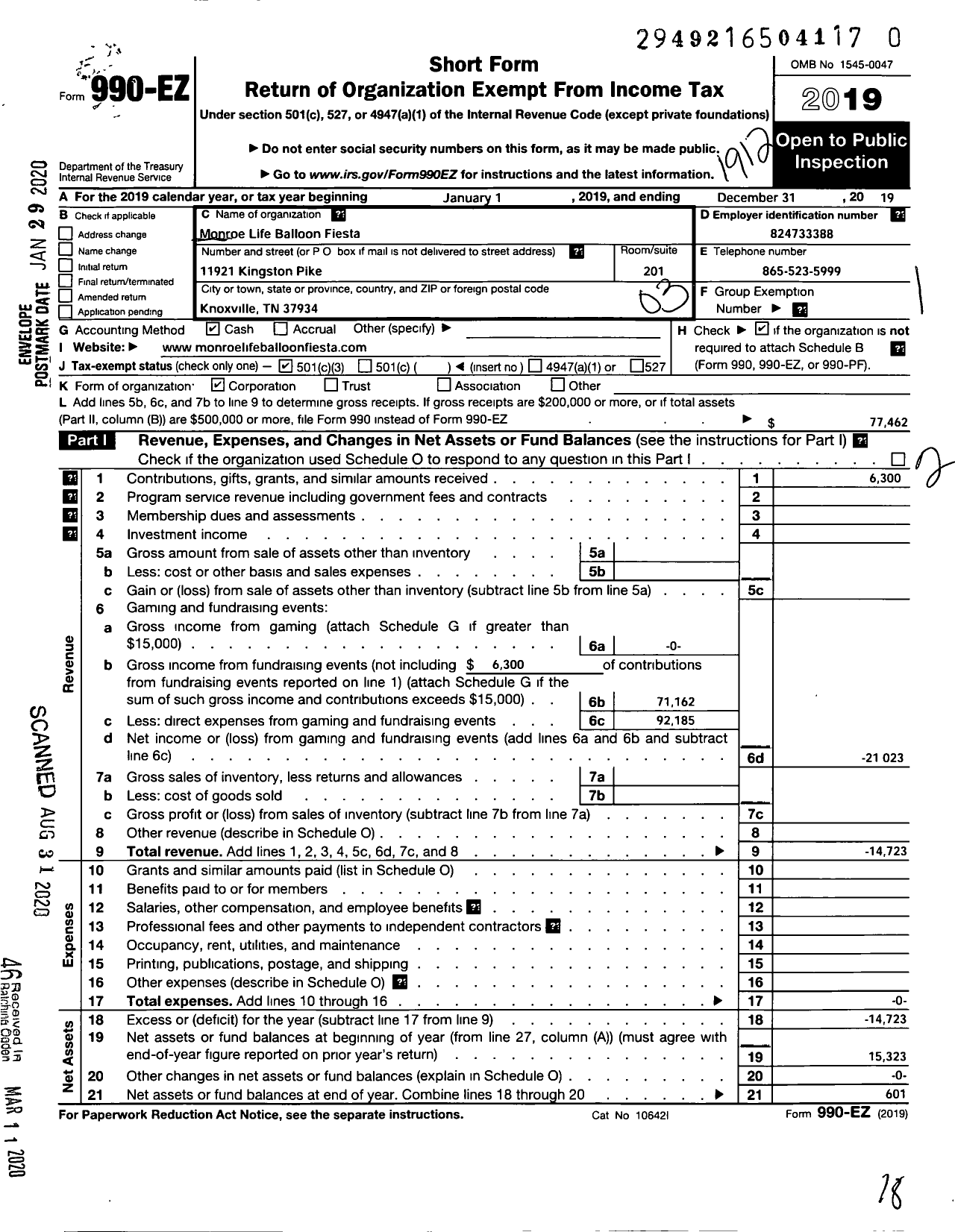 Image of first page of 2019 Form 990EZ for Monroe Life Balloon Fiesta