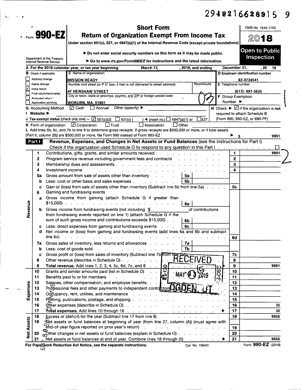 Image of first page of 2018 Form 990EZ for Mission Ready