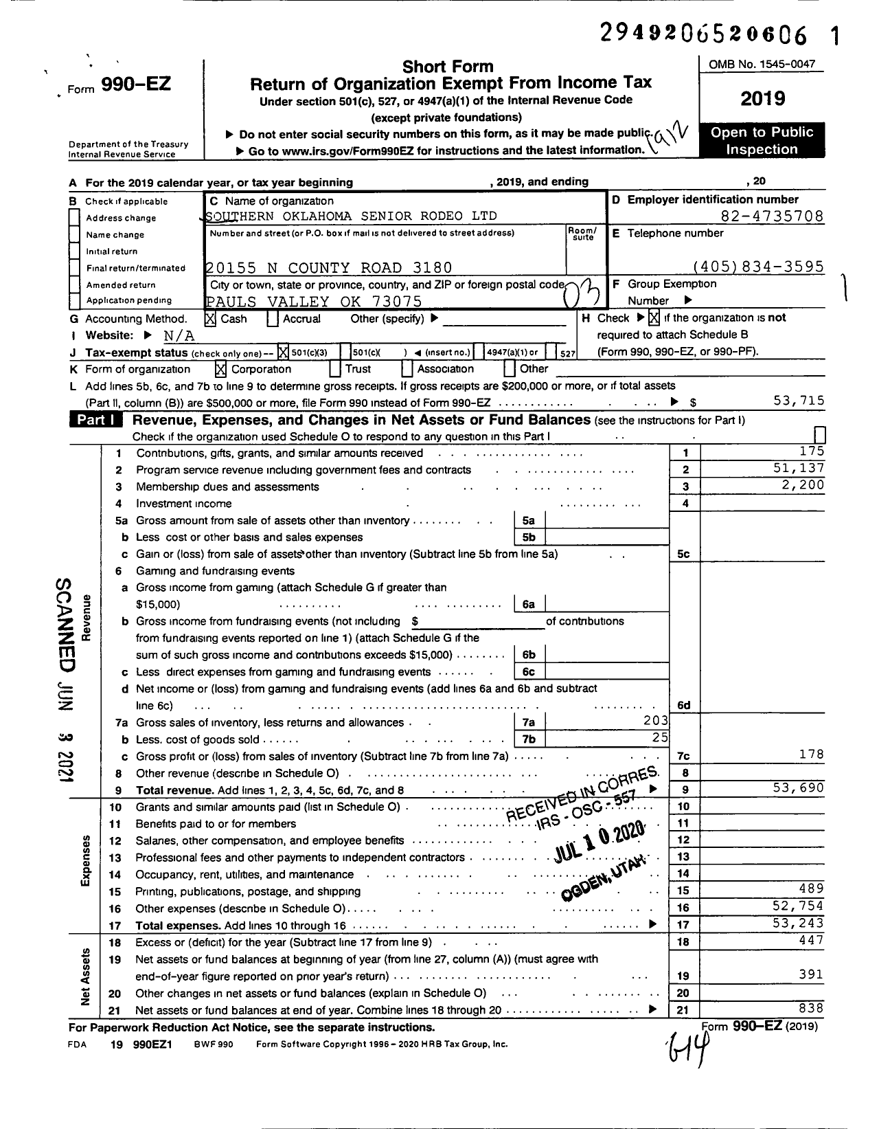 Image of first page of 2019 Form 990EZ for Southern Oklahoma Senior Rodeo