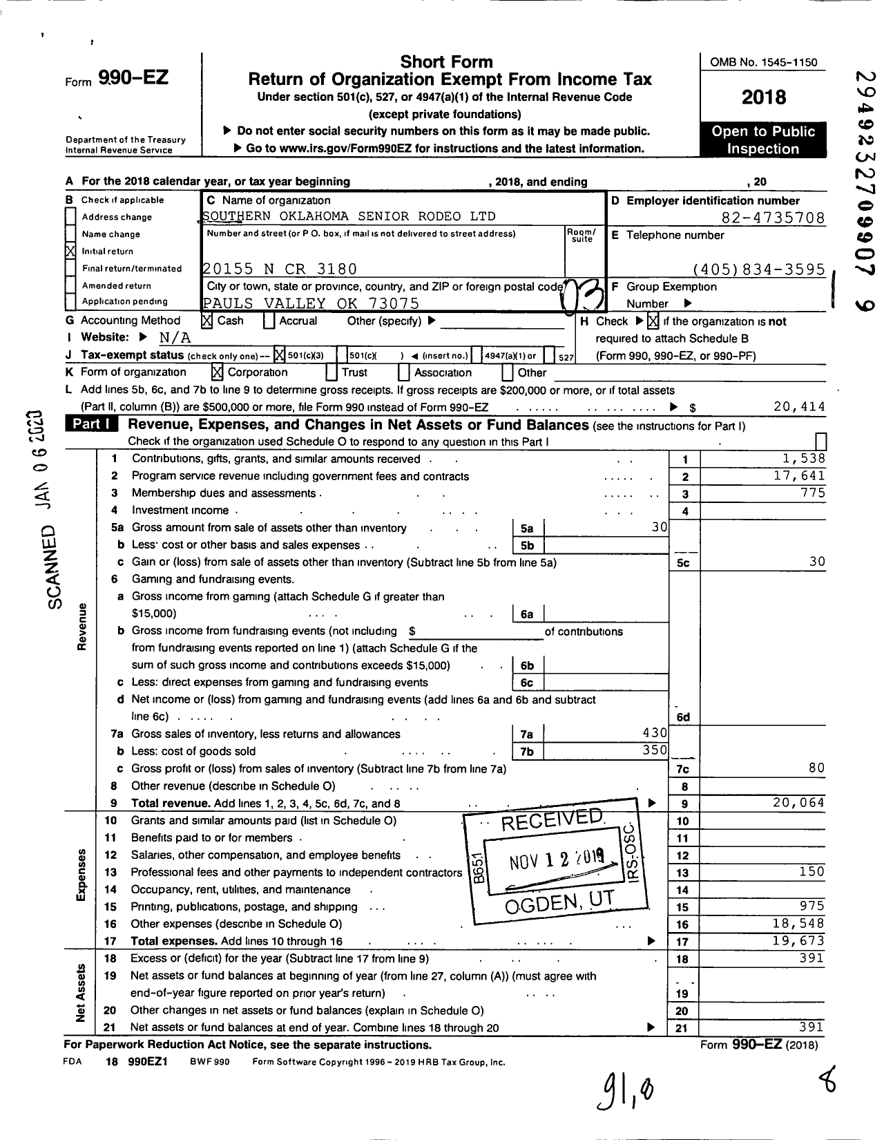 Image of first page of 2018 Form 990EZ for Southern Oklahoma Senior Rodeo