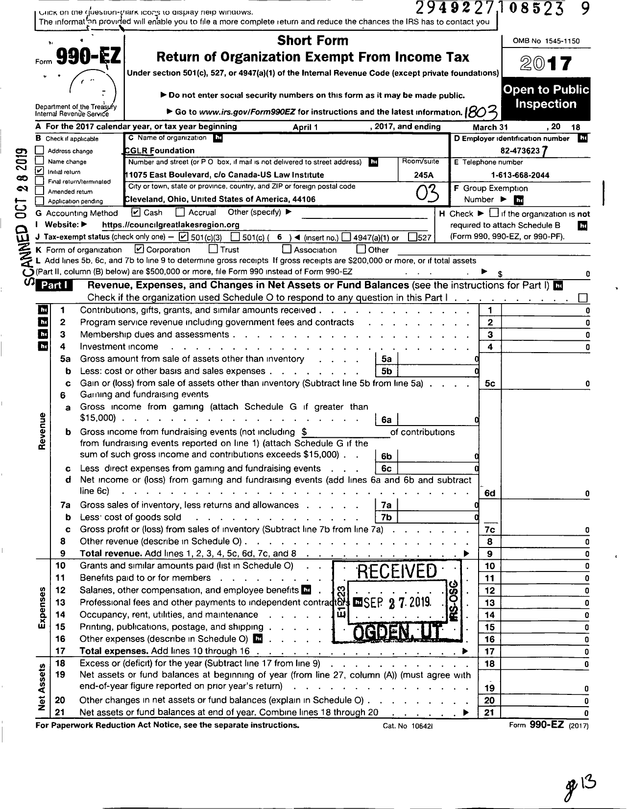 Image of first page of 2017 Form 990EZ for CGLR Foundation