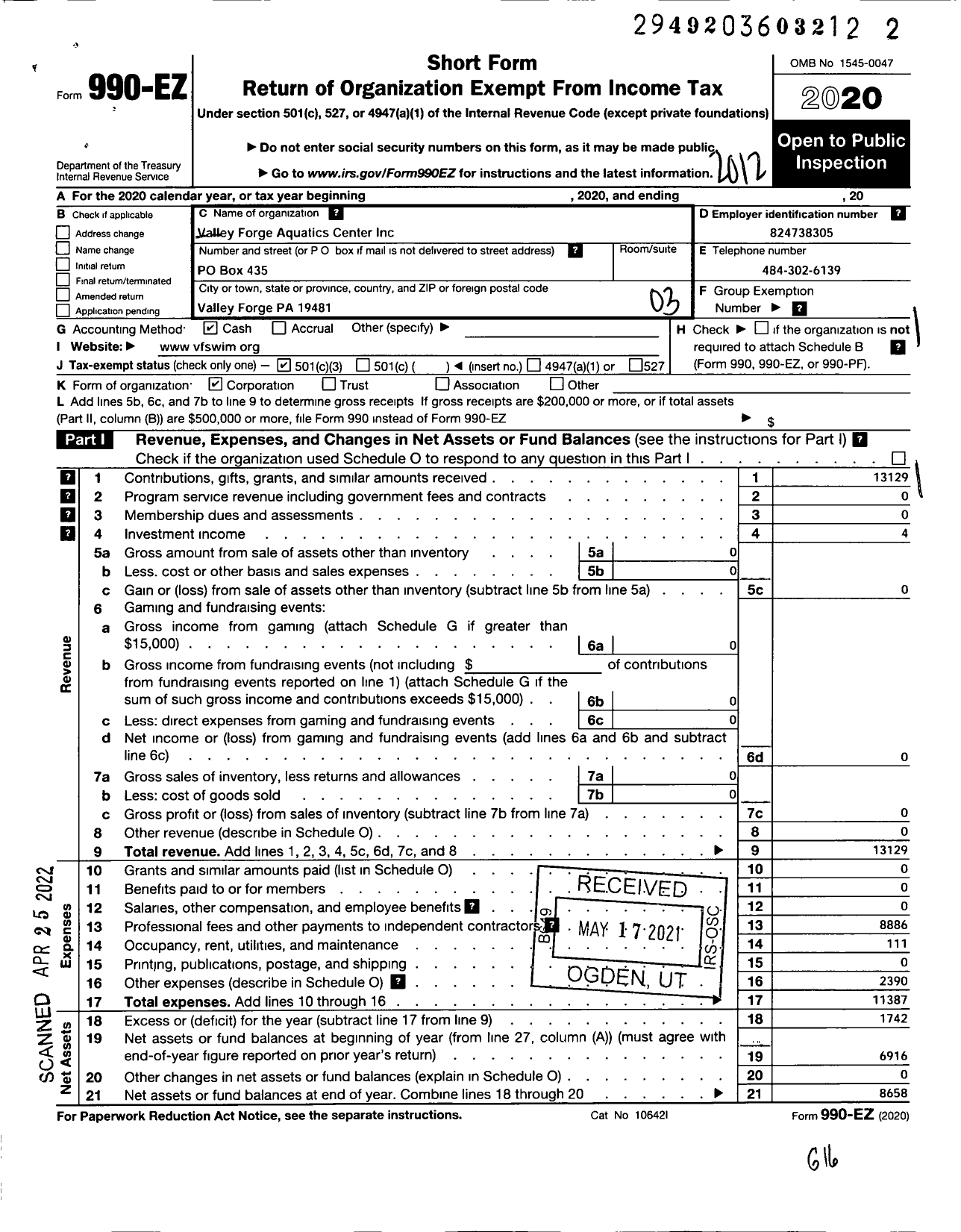 Image of first page of 2020 Form 990EZ for Greater Philadelphia Aquatics Association