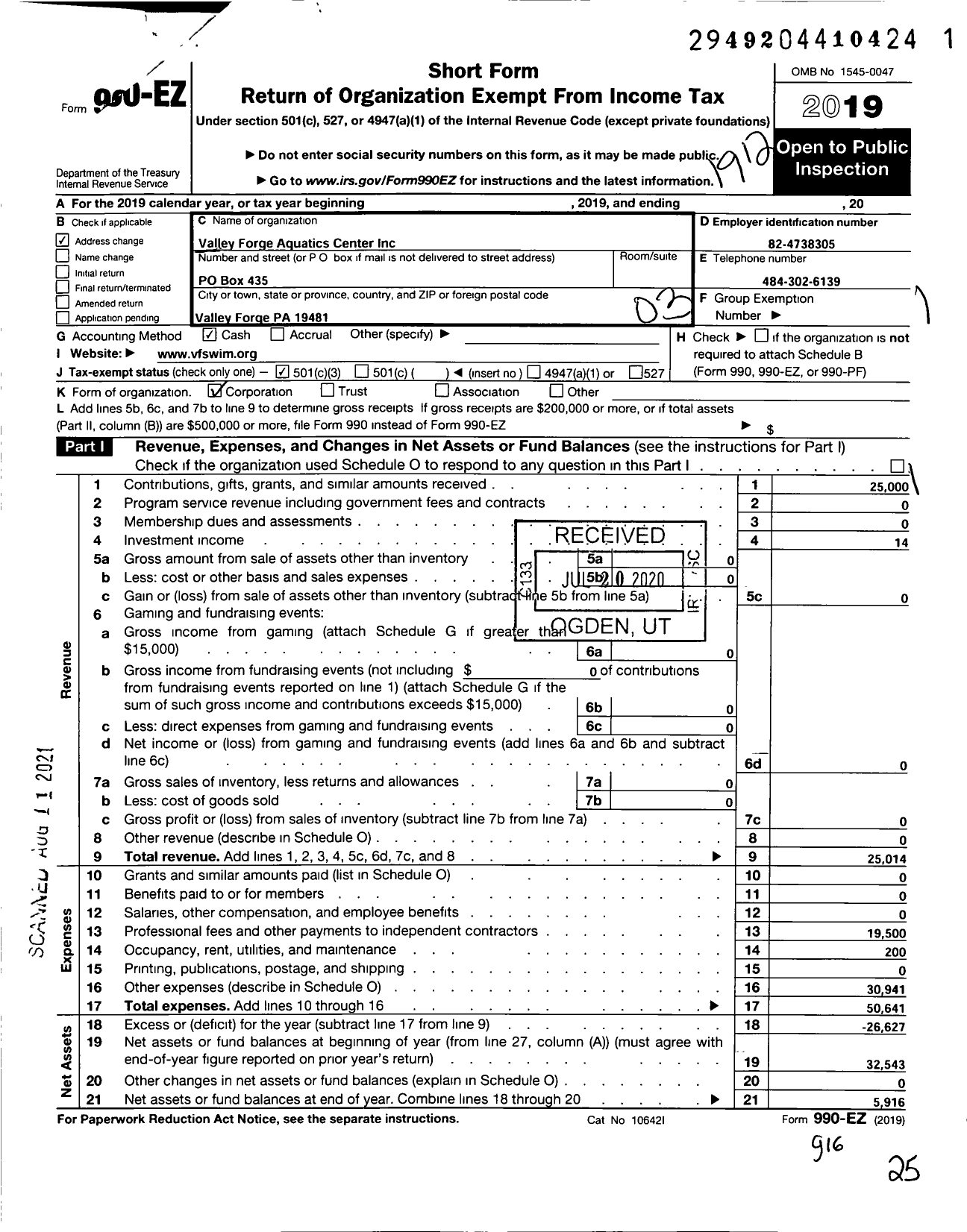 Image of first page of 2019 Form 990EZ for Greater Philadelphia Aquatics Association