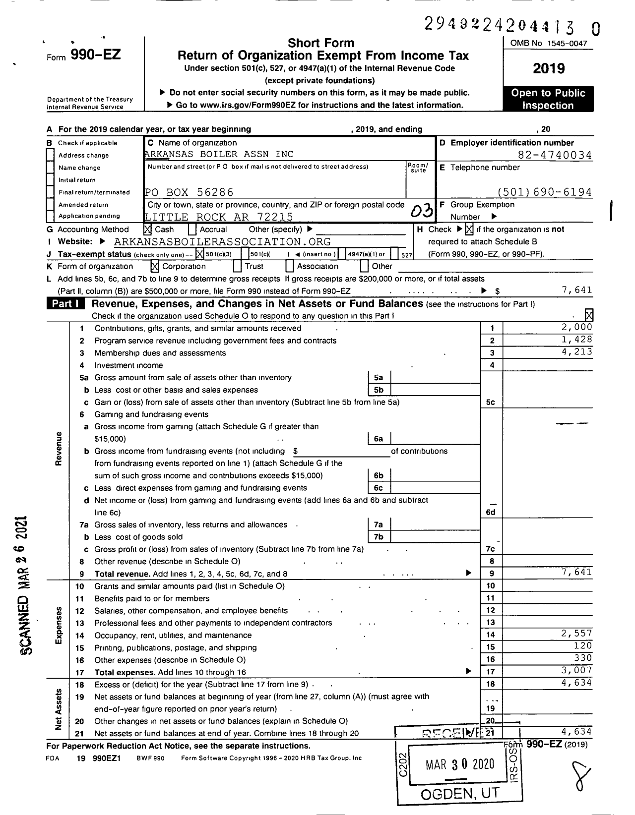 Image of first page of 2019 Form 990EZ for Arkansas Boiler Association