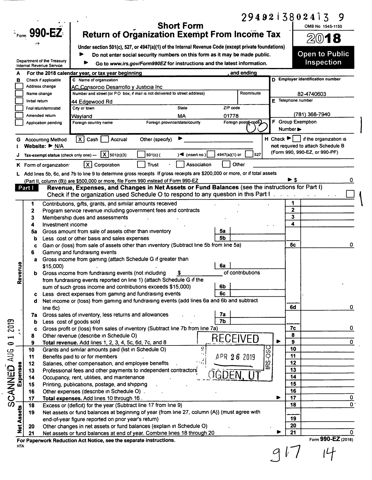 Image of first page of 2018 Form 990EZ for Ac Consorcio Desarrollo Y Justicia