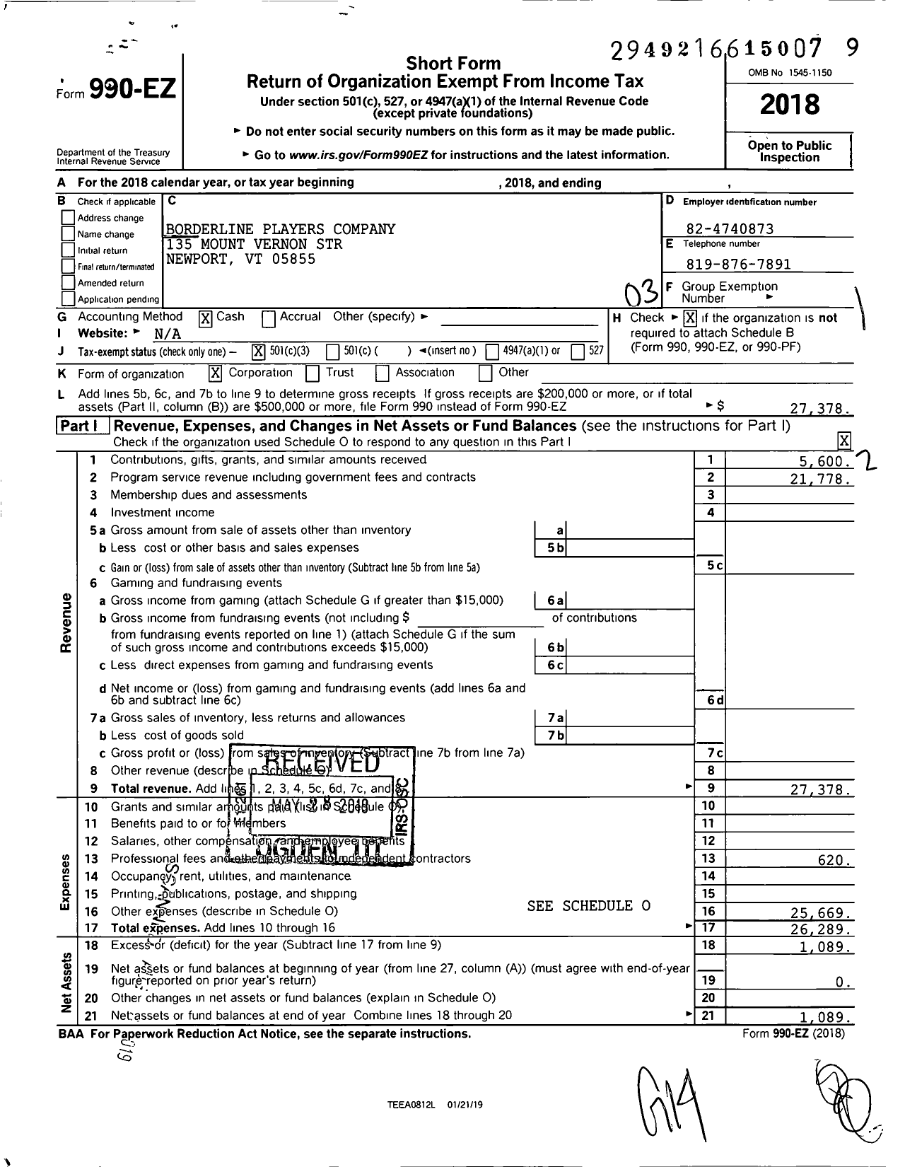 Image of first page of 2018 Form 990EZ for Borderline Players Company