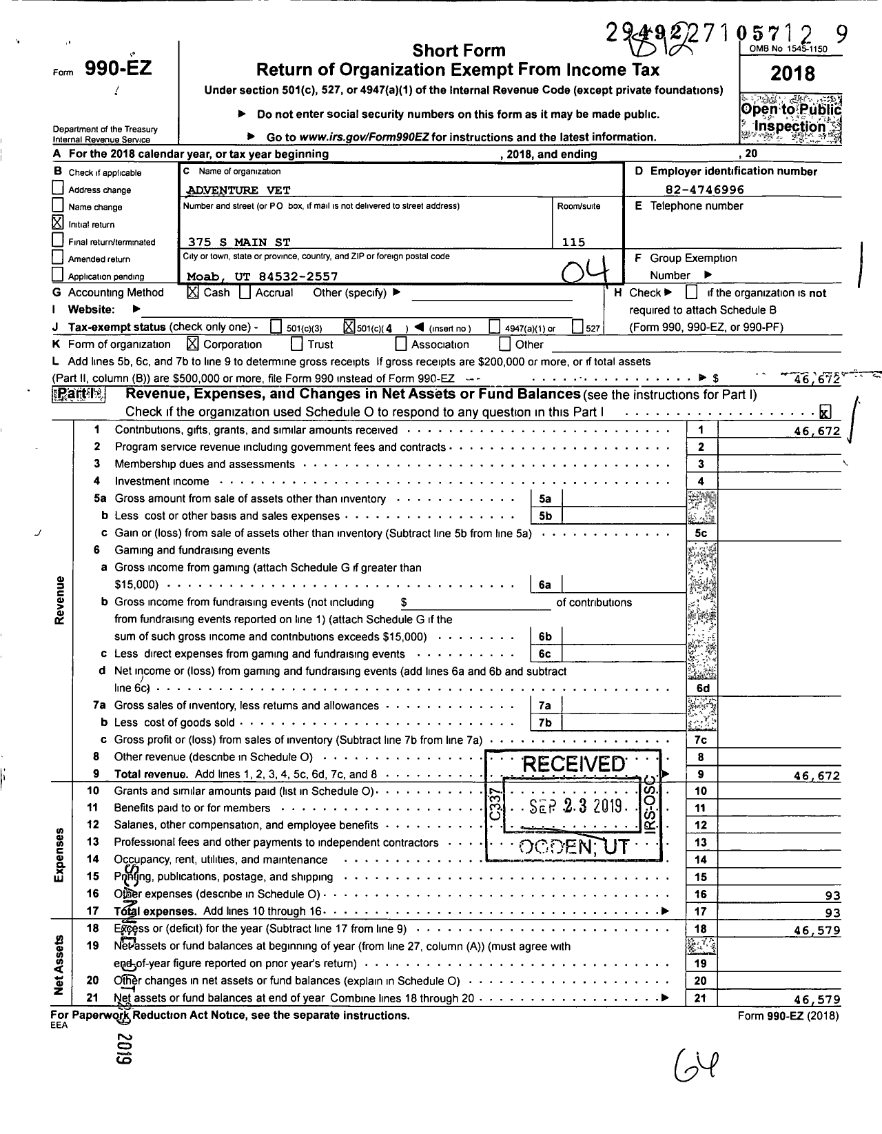 Image of first page of 2018 Form 990EO for Adventurevet