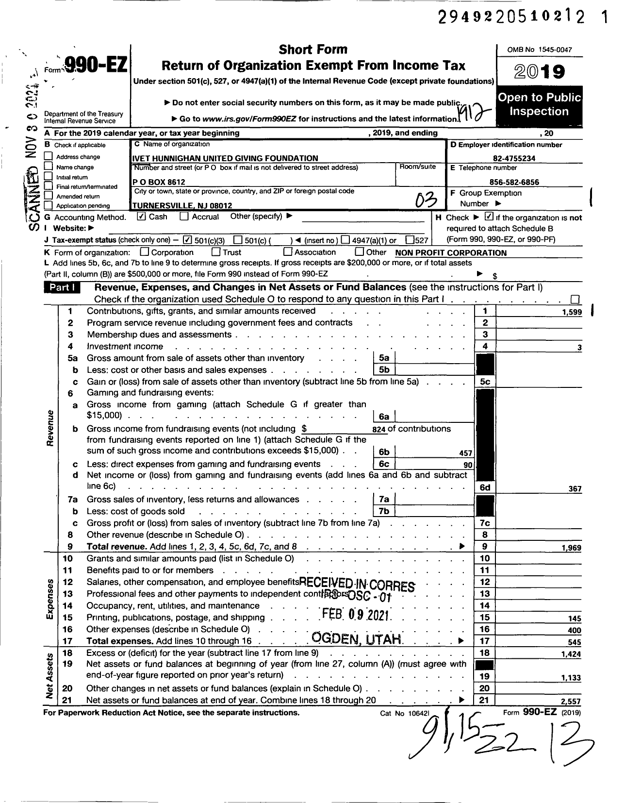 Image of first page of 2019 Form 990EZ for Ivet Hunnighan United Giving Foundation