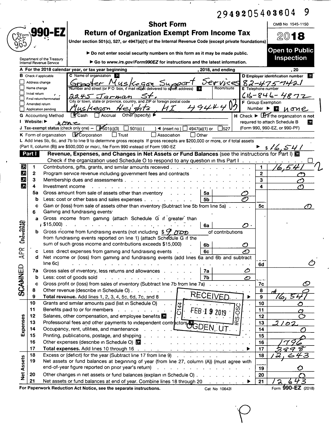 Image of first page of 2018 Form 990EZ for Greater Muskegon Support Services