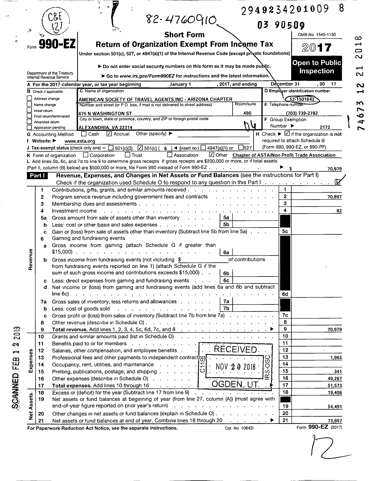 Image of first page of 2017 Form 990EO for American Society of Travel Agents / Nacta Arizona Chapter