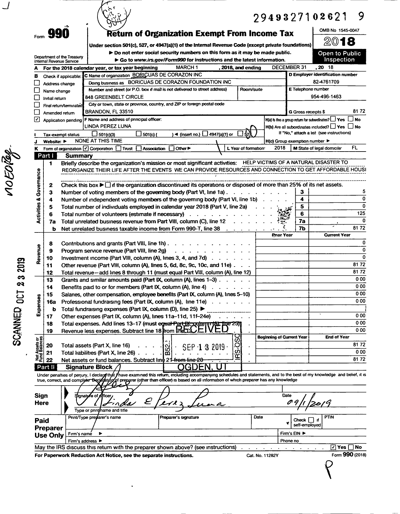 Image of first page of 2018 Form 990O for Boricuas de Corazon