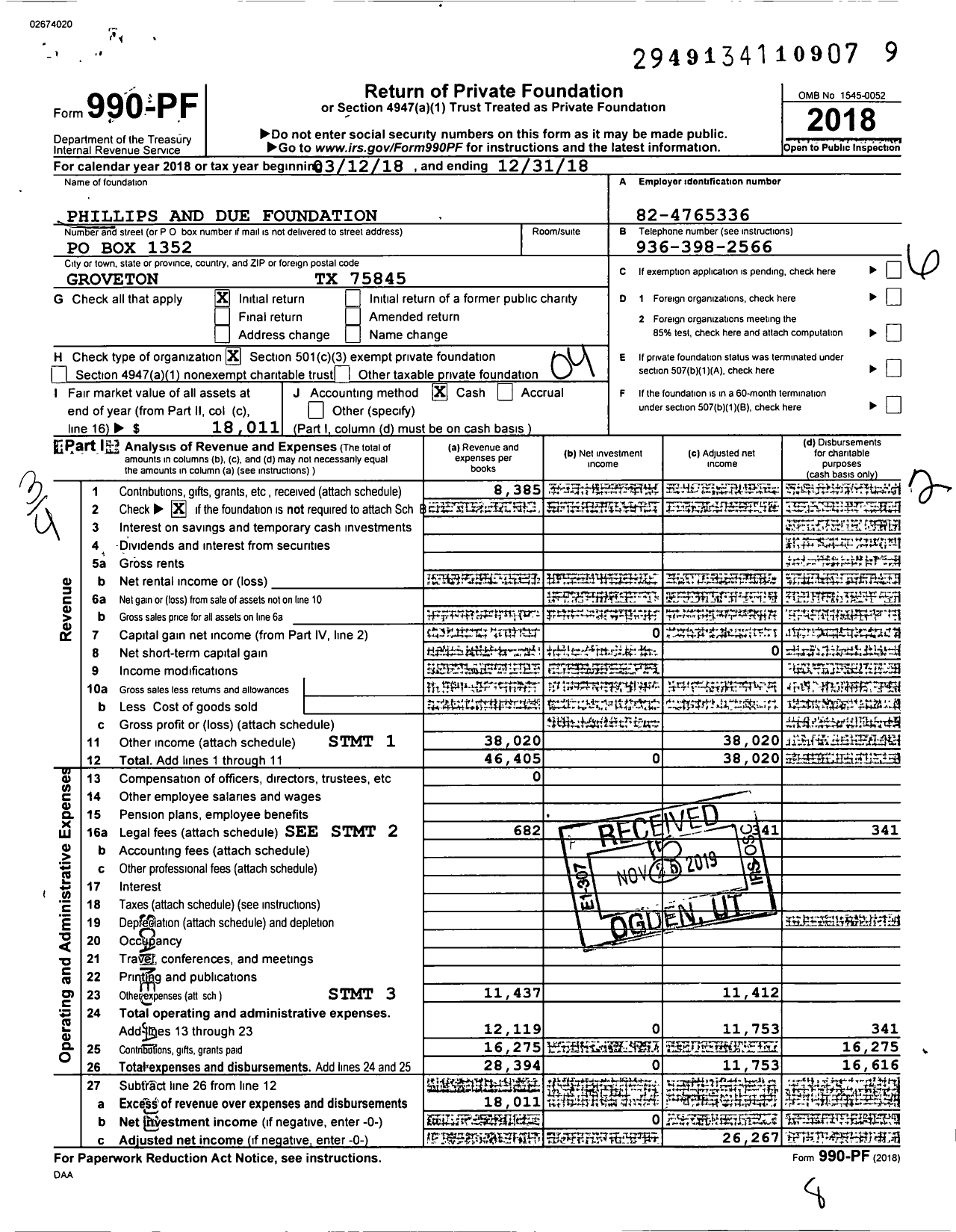 Image of first page of 2018 Form 990PF for Phillips and Due Foundation