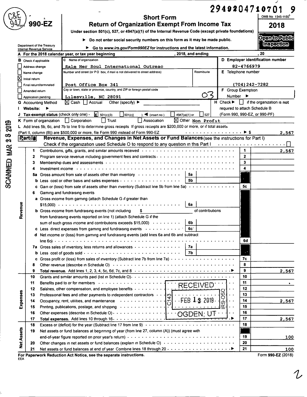 Image of first page of 2018 Form 990EZ for Sole Her Soul International Outreach