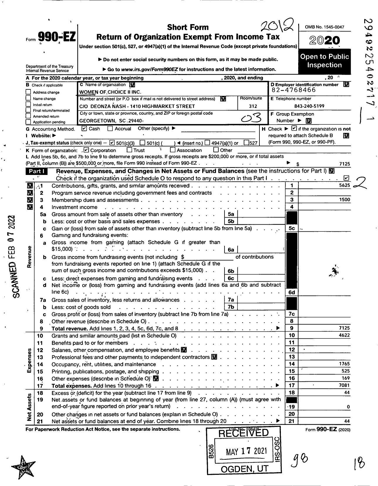 Image of first page of 2020 Form 990EZ for Women of Choice Ii