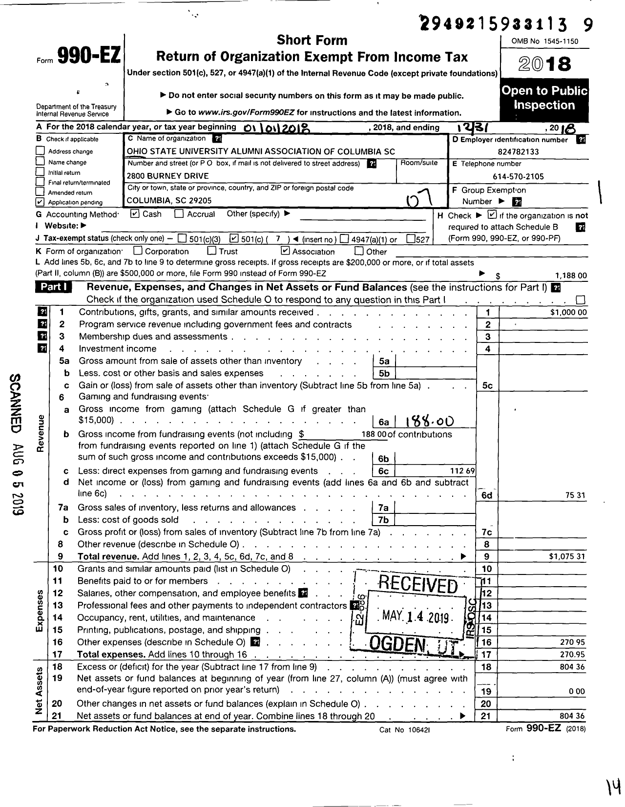 Image of first page of 2018 Form 990EO for Ohio State University Alumni Association / Alumni Club of Columbia SC