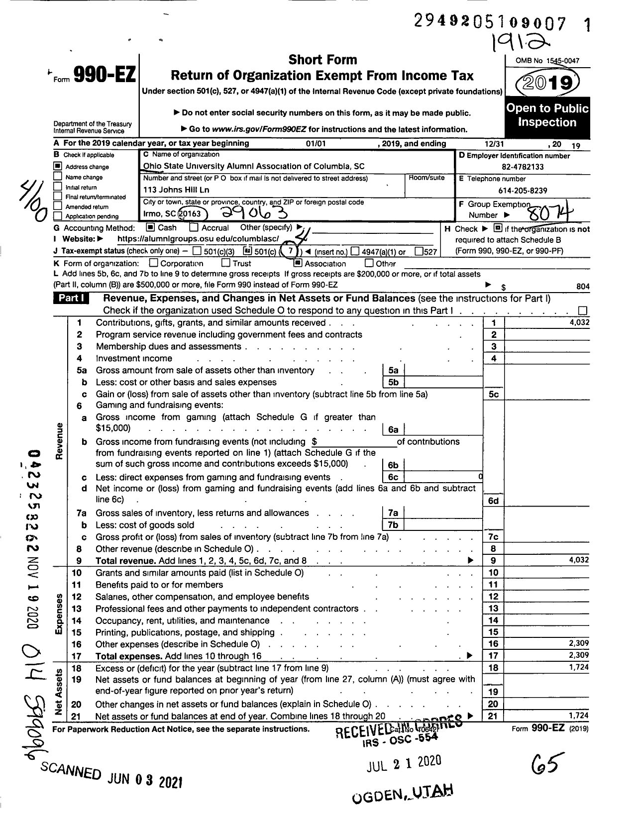 Image of first page of 2019 Form 990EO for Ohio State University Alumni Association / Alumni Club of Columbia SC