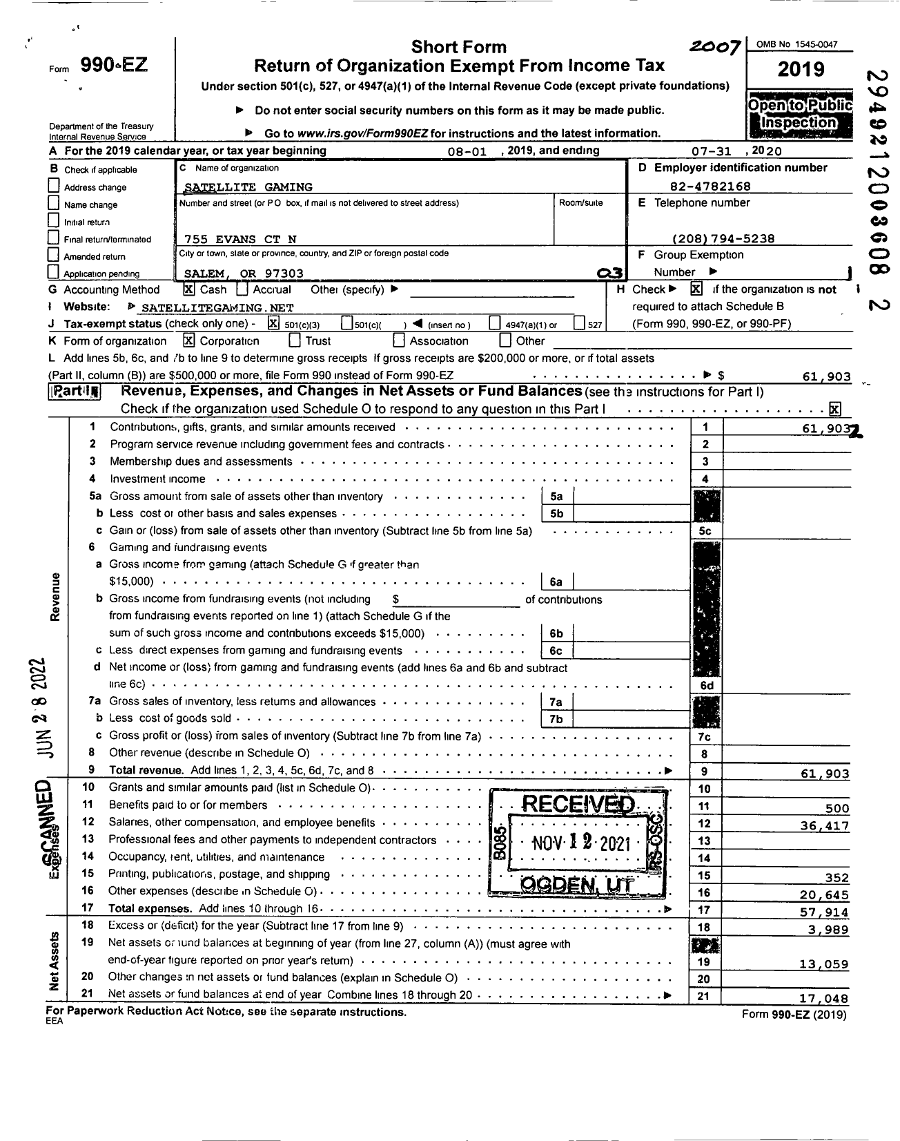 Image of first page of 2019 Form 990EZ for SATELlITE GAMING