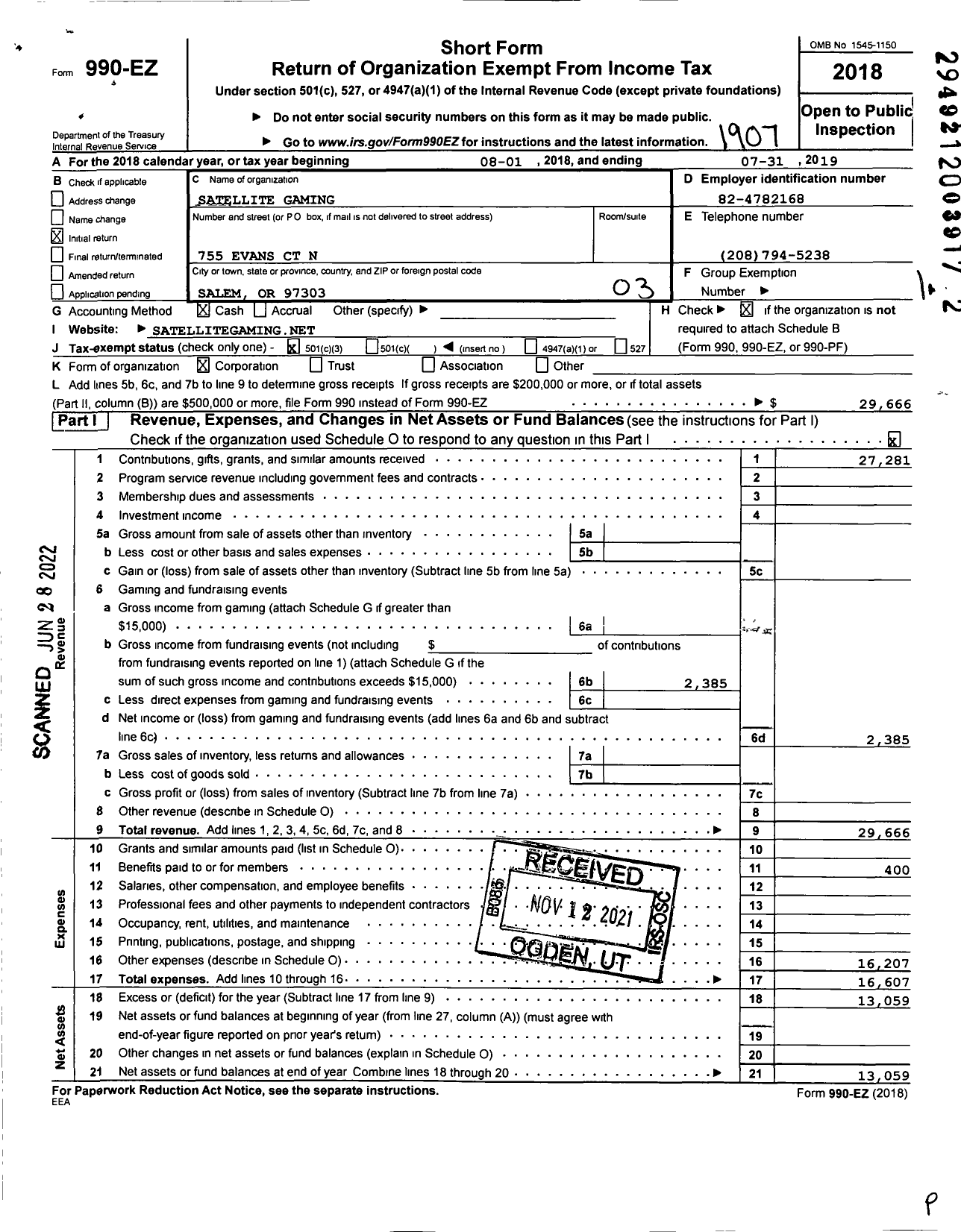 Image of first page of 2018 Form 990EZ for SATELlITE GAMING