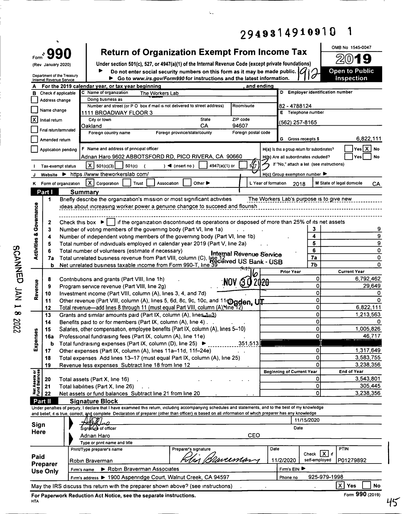 Image of first page of 2019 Form 990 for The Workers Lab